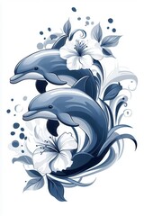 Naklejka premium Two playful dolphins leap through the water with beautiful white flowers.