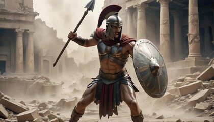 A Spartan warrior engaged in a fierce combat stance, his shield raised and spear poised, as he battles against a backdrop of a crumbling ancient city, with dust and debris swirling around him.
