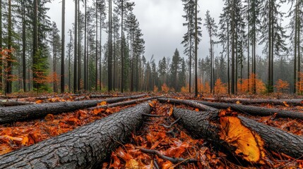 Obraz premium A forest affected by acid rain, with damaged trees and foliage