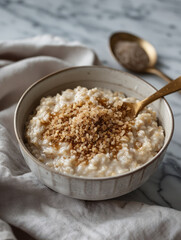 A bowl of creamy oatmeal topped with coarse sugar.