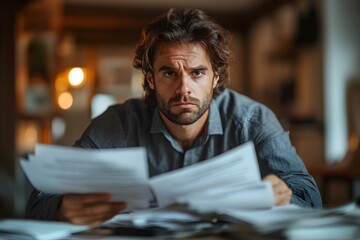 Fototapeta premium stressed businessman dealing with paperwork and documents in office at desk, workplace stress and office life, time management