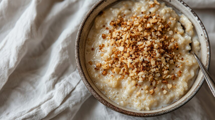 A bowl of creamy porridge topped with granola and nuts.