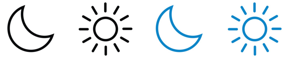 Sun and moon icon vector day and night icon line art set. dark and light mode icons , Screen brightness and contrast level signs and symbols for app user interface and web .