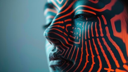 A face partially covered by a series of geometric patterns, obscuring the identity of the person