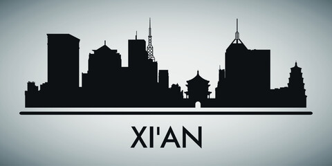 Naklejka premium The city skyline. Xi'an. Silhouettes of buildings. Vector on a gray background