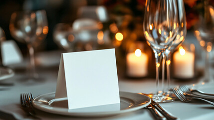 Table place setting blank menu card mockup or reserve in wedding invite and special event