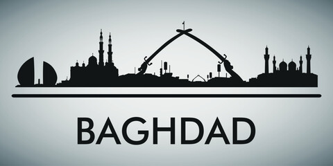 Obraz premium The city skyline. Baghdad. Silhouettes of buildings. Vector on a gray background