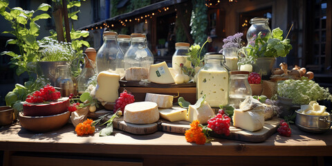 A farmer's market stall overflowing with dairy products like cheese, yogurt, and milk.