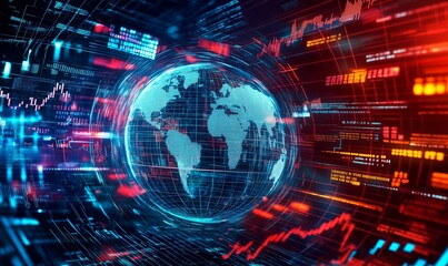 Digital globe with financial data and stock market graphs overlay in a futuristic cyberspace environment. Global finance and technology concept. Design for banner, poster, wallpaper.