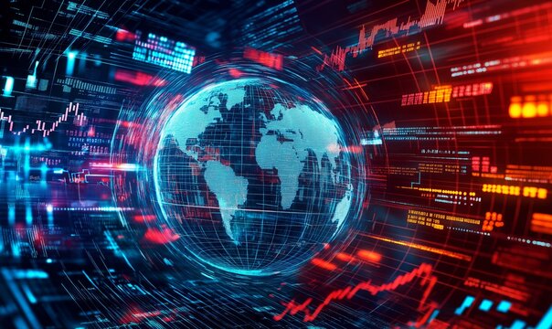 Digital globe with financial data and stock market graphs overlay in a futuristic cyberspace environment. Global finance and technology concept. Design for banner, poster, wallpaper.