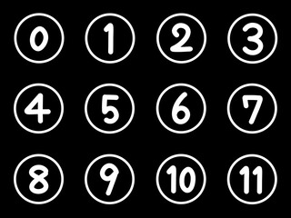set of white numbers in circles on black background