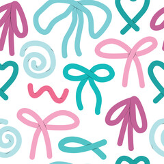 Vector seamless pattern with colorful ribbons, shoelaces, bows, spirals, hearts in soft pastel colors, perfect for romantic designs, baby shower decorations, gift wrap, cute and charming touch