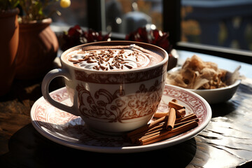 Delicious hot chocolate with appetizing whipped milk foam and cinnamon in a mug.