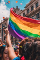 Crowd celebrating the LGBTQ pride parade with rainbow flags. One hand holds a very large one in the foreground
