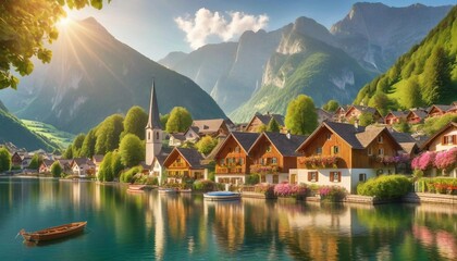 Obraz premium A village with traditional wooden houses and vibrant flower boxes sits between towering mountains and a serene lake, as small boats glide across the crystal-clear water under the warm summer sun