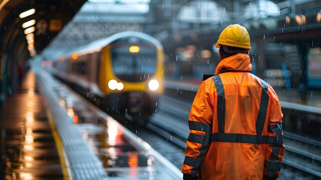 Railway worker in orange safety gear walking along a rainy train station platform with trains in the background