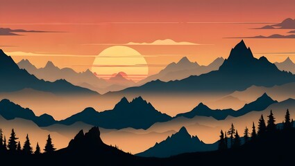 A vibrant sunset casts warm hues over majestic mountains and silhouetted trees. GENERATIVE AI
