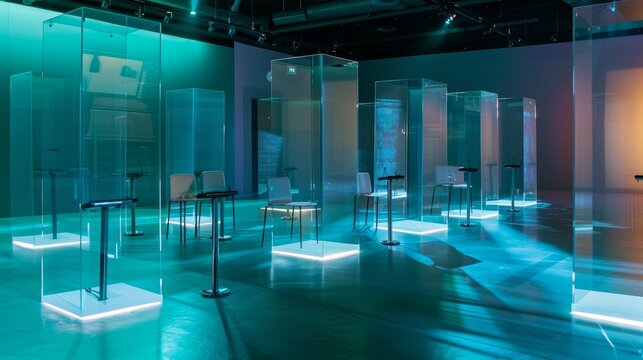 Socially Distanced Debate Setting with Clear Partitions and Colorful Lighting for Safety Measures