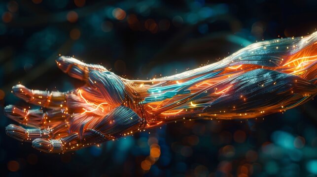 A close-up of a human arm with a bio-augmented muscle, showcasing enhanced strength and endurance, veins pulsing with bioluminescence
