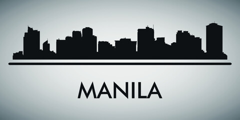 Naklejka premium The city skyline. Manila. Silhouettes of buildings. Vector on a gray background