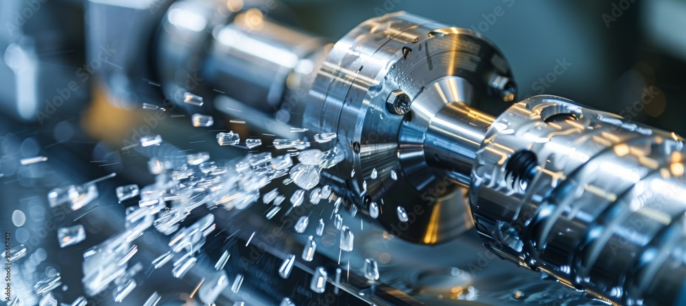 Poster precision cnc lathe machining metal component with coolant application in high-tech workshop