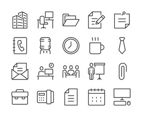Office and Business, Icon Set. Office Environment and Activities. Office Building, Workspace, Document Management, Meetings, Presentation, Workplace Essentials. Line with editable stroke