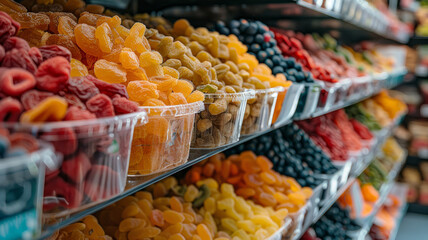 Obraz premium Assorted dried fruits on grocery store shelves