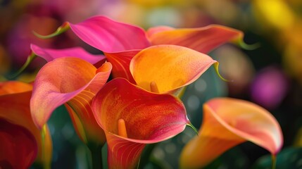 Close-up of beautiful calla lilies. Pink and yellow calla lilies. Flower background. AI generated.