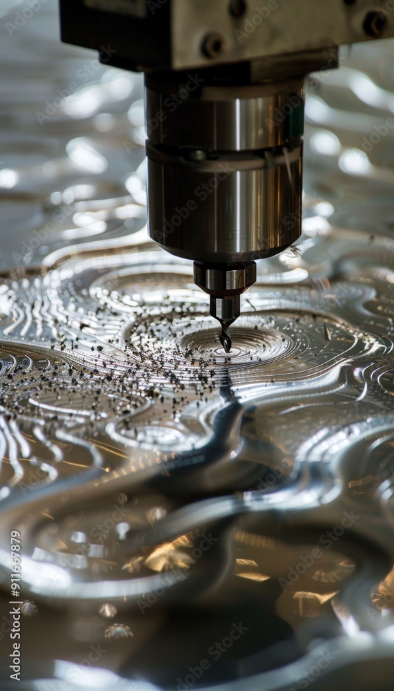 Poster dynamic cnc router creating intricate aluminum patterns with metal shavings in motion