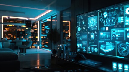 futuristic smart home interface holographic control panel floating in sleek living space aipowered devices seamlessly integrated soft ambient lighting