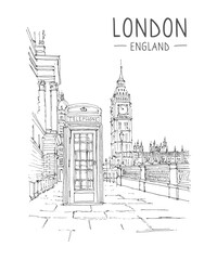 Bigben and telephone booth in London. Vector architecture sketch illustration. Hand drawn sketch of London city, UK. Isolated on white background. Travel sketch. Hand drawn travel postcard. 