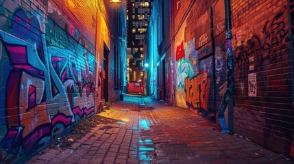 gritty urban alleyway illuminated by vibrant street art neonhued graffiti covers brick walls creating kaleidoscopic nighttime scene edgy blend of art and urban decay