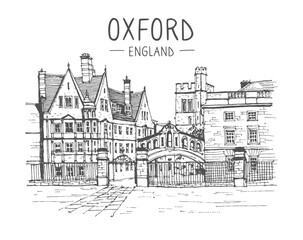 Vector travel sketch of London, Oxford, UK. Historical building line art. Freehand drawing. Sketchy line art drawing with a pen on paper of London. Hand drawn travel postcard. Hand drawing of Oxford.