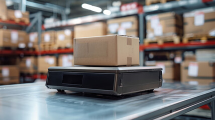 Obraz premium A cardboard box on a scale in a warehouse setting.