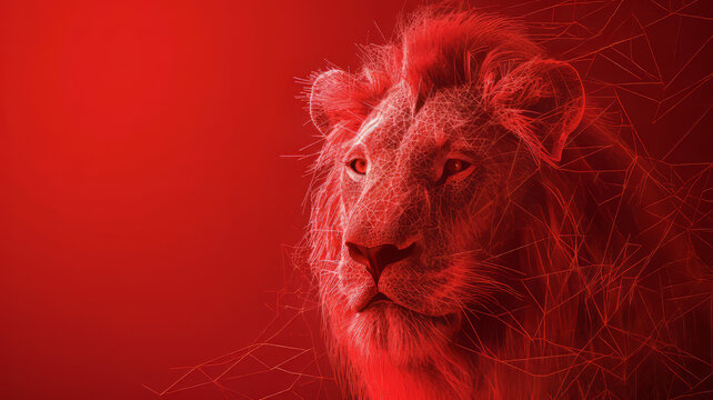 Lion portrait with abstract red digital and geometric effects