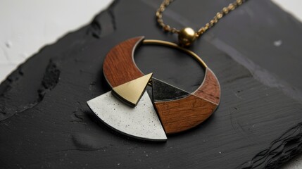 Modern Handmade Geometric Necklace with Metal and Wood Elements on Black Slate Surface