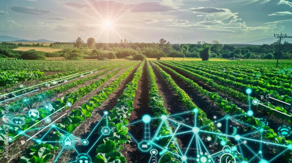 Poster high-tech farm with gps-controlled tractor for advanced soil erosion control