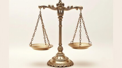 iconic scales of justice in polished metal perfectly balanced on a crisp white background symbolizing law and equity