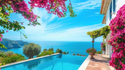 idyllic mediterranean villa with infinity pool overlooking a turquoise sea framed by blooming bougainvillea