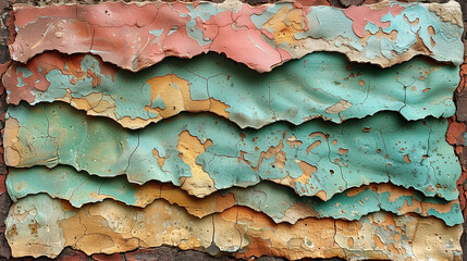 A close-up of a multi-layered paint wall with peeling and cracked textures in vibrant shades of turquoise, pink, yellow, and green, creating a weathered but colorful appearance.