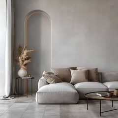 Aesthetic elegant minimalist japandi interior design. Clear mock up empty wall for decoration. Copy space. Neutral palette of natural colors.