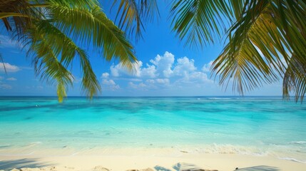 Fototapeta na wymiar idyllic tropical beach scene with crystalclear turquoise waters and pristine white sand palm trees sway gently framing pictureperfect vacation paradise