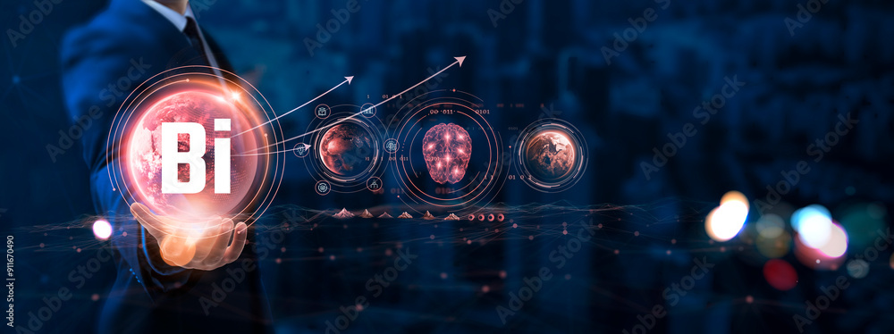 Poster business intelligence (bi): businessman hand holding globe with network connecting data of digital t