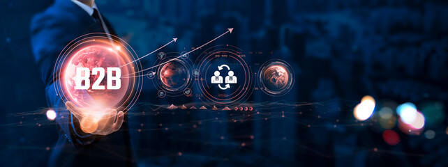 B2B: Businessman hand holding globe with network connecting data of digital technology,...