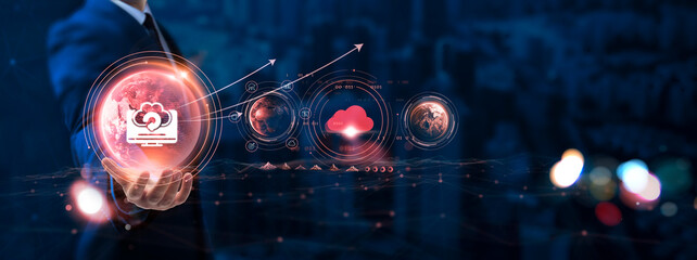 Businessman hand holding globe with network connecting data of digital technology, backup, data recovery, cloud storage, cybersecurity.