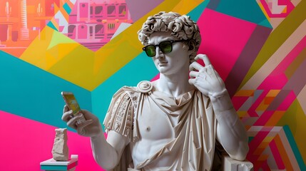 Roman statue with sunglasses and smartphone in a colorful modern background