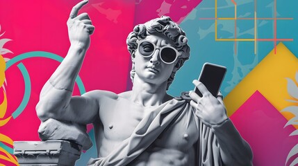 Roman statue wearing sunglasses holding a smartphone with vibrant colorful background