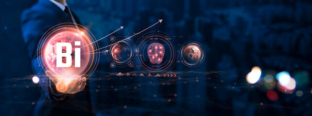 Business Intelligence (BI): Businessman hand holding globe with network connecting data of digital technology, data analytics, decision support, predictive insights, strategic planning.