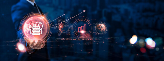 Big Data: Businessman hand holding globe with network connecting data of digital technology, data analytics, machine learning, predictive modeling, data-driven insights.