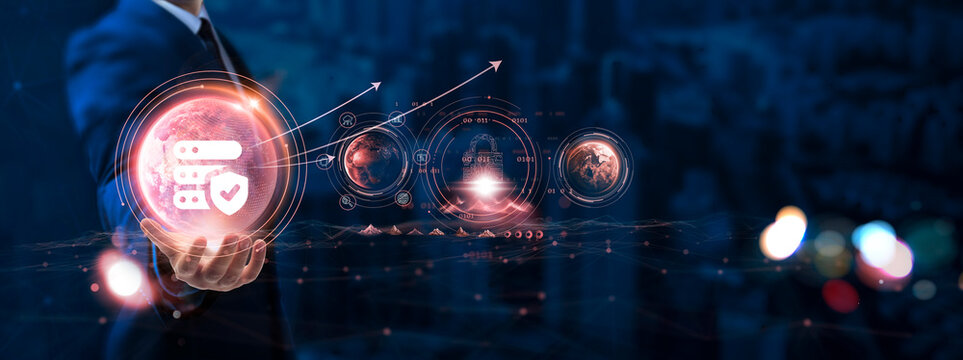 Businessman hand holding globe with network connecting data of digital technology, data protection, cybersecurity, privacy safeguards, information integrity.